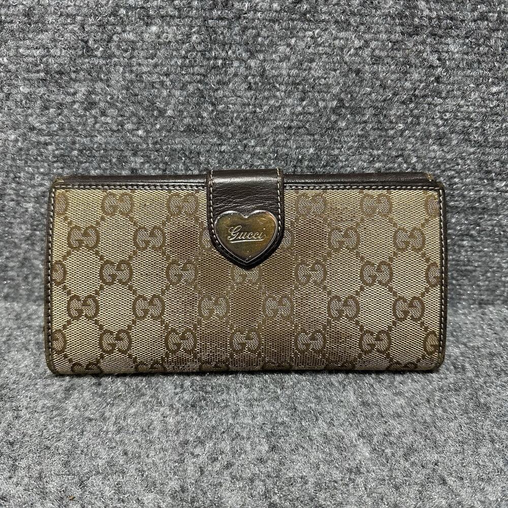 GUCCI Lovely Heart GG Canvas Leather Bi-fold Long Large Wallet Brown Authentic